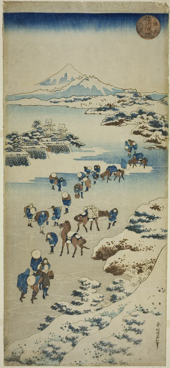 Crossing the Frozen Suwa Lake in Shinano Province (Shinshu Suwa kosui kori watari) by Katsushika Hokusai (葛飾 北斎), print, 1828-1838
