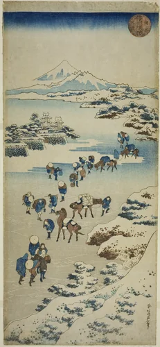 Crossing the Frozen Suwa Lake in Shinano Province (Shinshu Suwa kosui kori watari) by Katsushika Hokusai (葛飾 北斎), print, 1828-1838