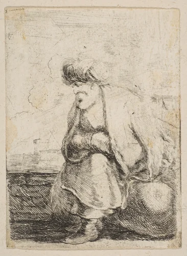 An Old Turk Seated on a Stone by Stefano della Bella, print, 1657-1667
