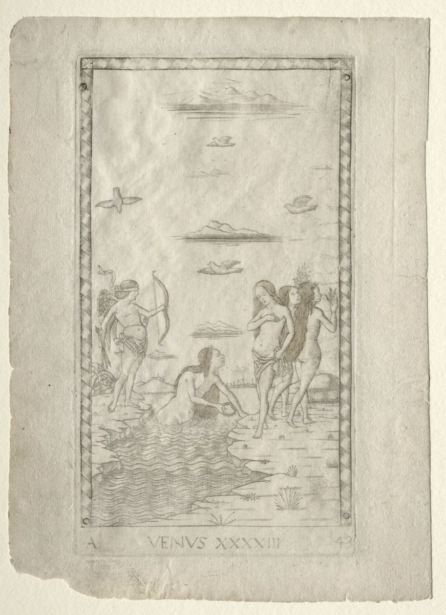 Venus (from the Tarocchi, series A: Firmaments of the Universe, #43) by Master of the E-Series Tarocchi, print, 1457-1467