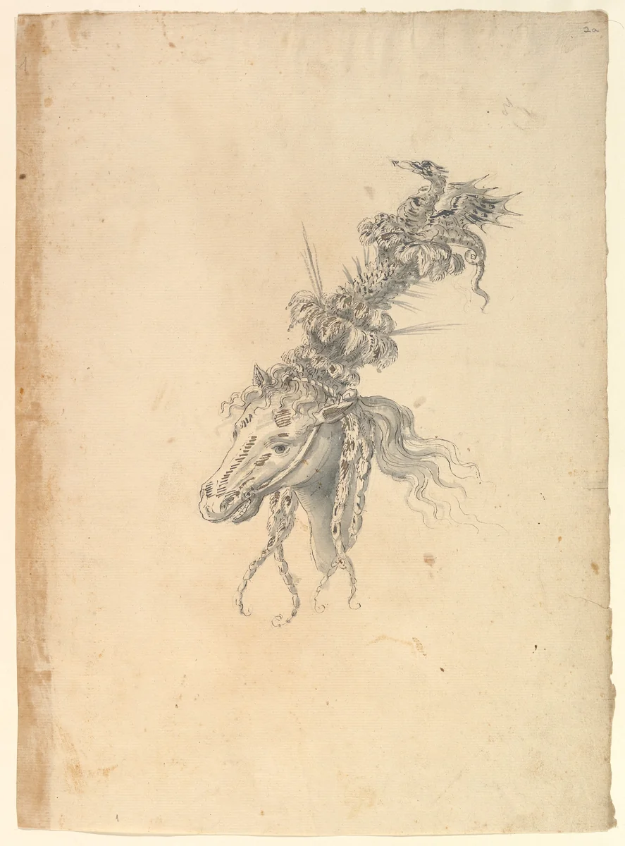 Design for the Headdress of a Horse Crowned by a Small Dragon by Baccio del Bianco, drawing, 1620-1700