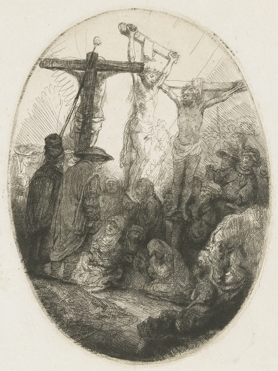 Christ crucified between the two thieves: an oval plate by Rembrandt van Rijn, print, 1641