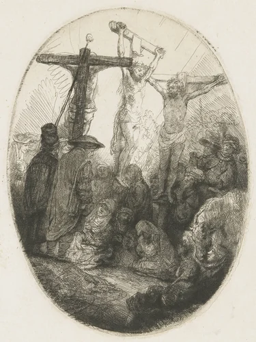 Christ crucified between the two thieves: an oval plate by Rembrandt van Rijn, print, 1641