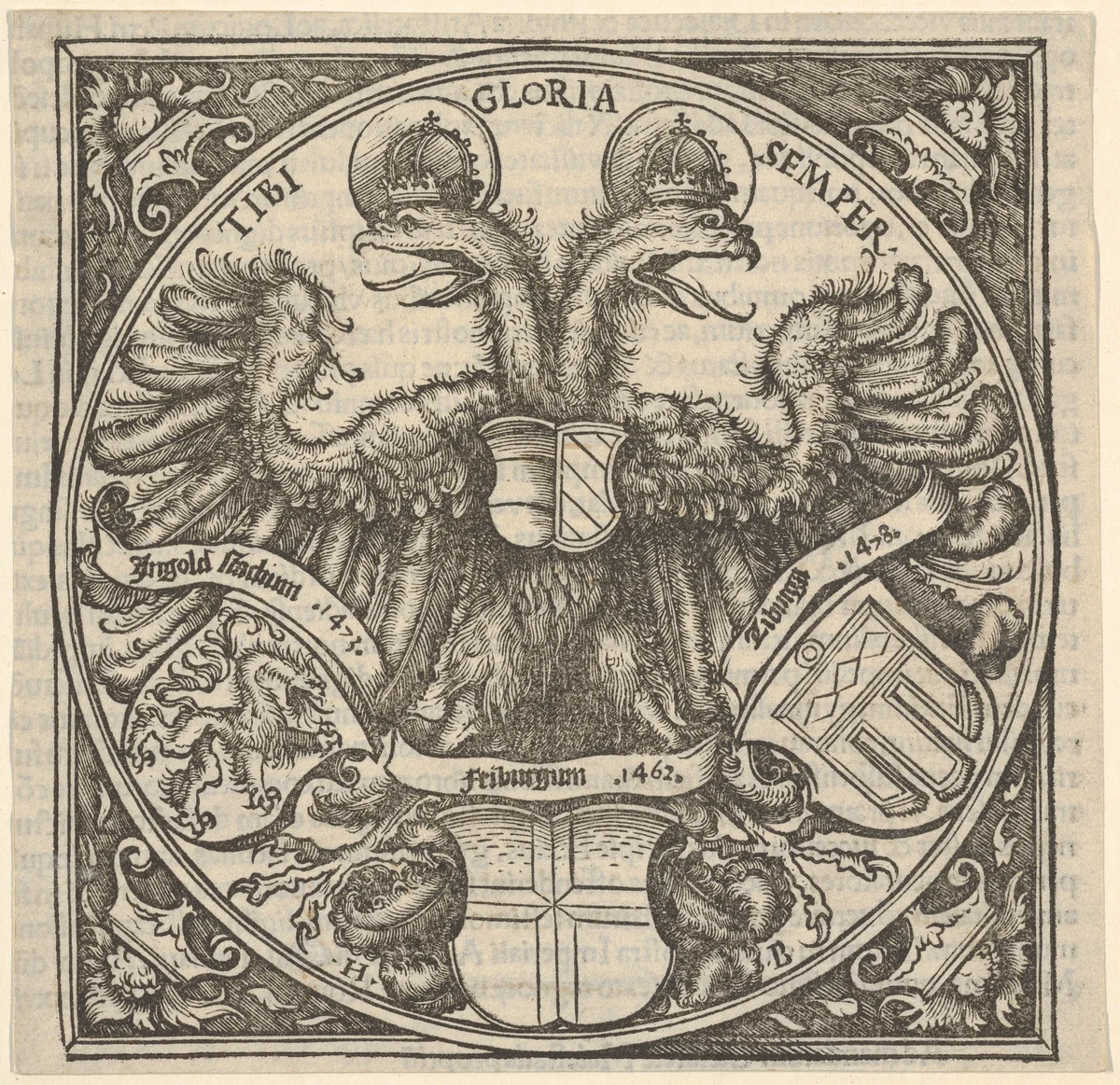 Imperial Double Eagle with the Coat of Arms of Ingolstadt, Freiburg, and Tübingen, from Joan. Eckii Theologi in summulas Petri Hispani extemporaria et succincta atque succosa explanatio p[ro] sup[er] ioris Germaniae scholasticis by Hans Burgkmair, print, 1516
