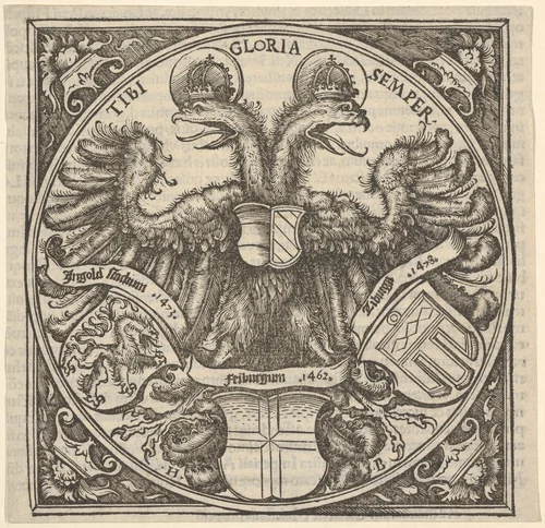 Imperial Double Eagle with the Coat of Arms of Ingolstadt, Freiburg, and Tübingen, from Joan. Eckii Theologi in summulas Petri Hispani extemporaria et succincta atque succosa explanatio p[ro] sup[er] ioris Germaniae scholasticis by Hans Burgkmair, print, 1516