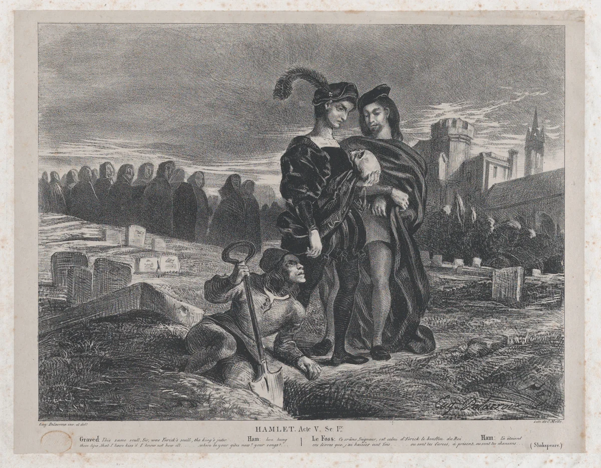 Hamlet Contemplating Yorick’s Skull by Eugène Delacroix, print, 1828