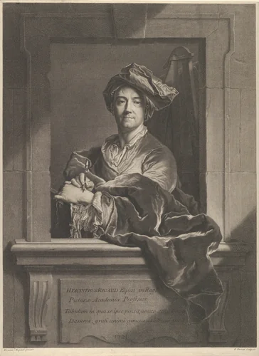 Portrait of Hyacinthe Rigaud by Pierre-Imbert Drevet, print, 1721