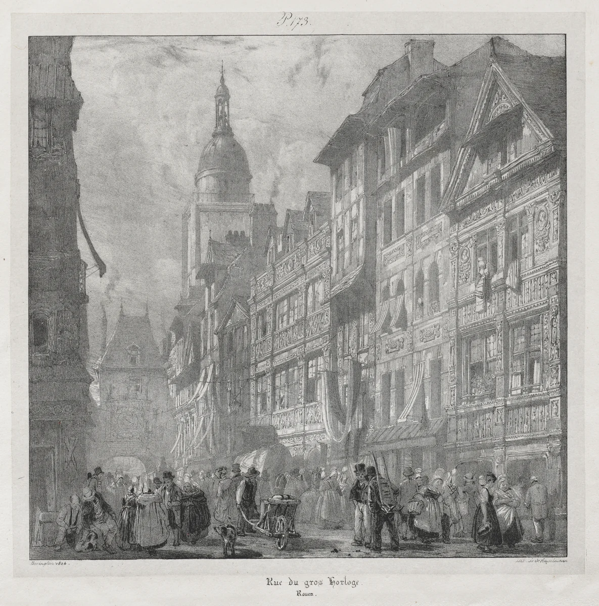 Voyages pittoresques et romantiques dans l'ancienne France, Normandie: Rue du Gros Horloge, Rouen by Richard Parkes Bonington, print, 1824