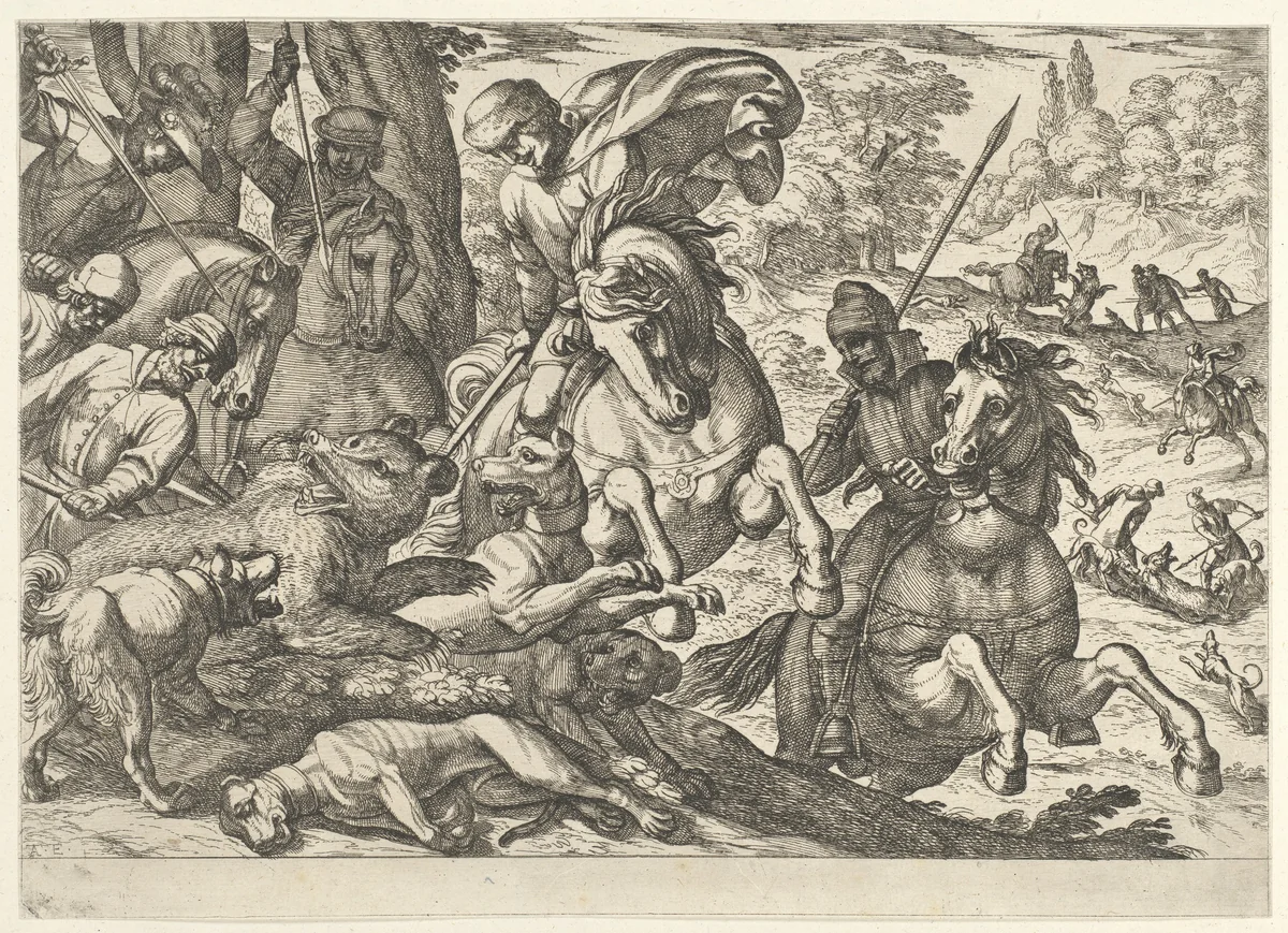 Bear Hunt, from "Hunting Scenes VI" by Antonio Tempesta, print, 1609