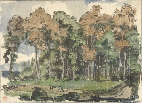 Weg aan een bosrand, met landlieden aan het werk by Jules Chadel, drawing, 1880-1942