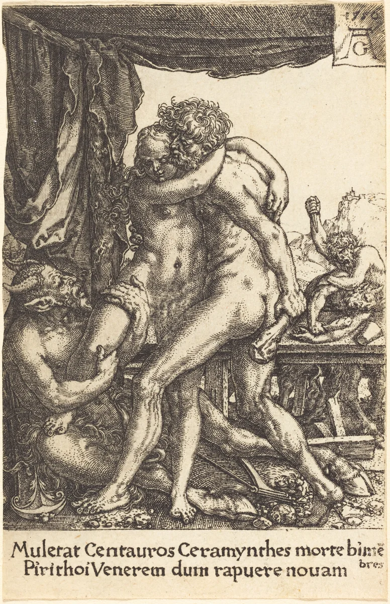 Hercules Preventing the Centaurs from the Rape of Hippodamia by Heinrich Aldegrever, print, 1550