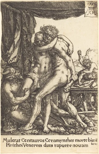 Hercules Preventing the Centaurs from the Rape of Hippodamia by Heinrich Aldegrever, print, 1550