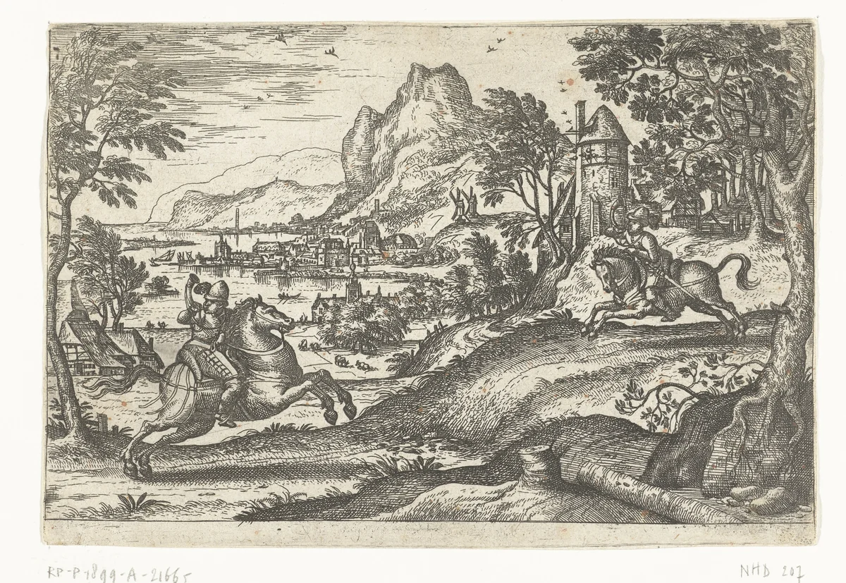 Landschap met twee ruiters. by Pieter van der Borcht, print, 1545-1608