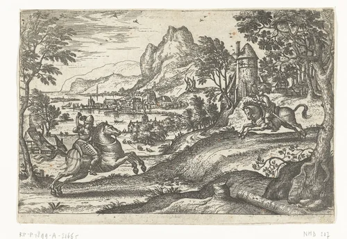 Landschap met twee ruiters. by Pieter van der Borcht, print, 1545-1608