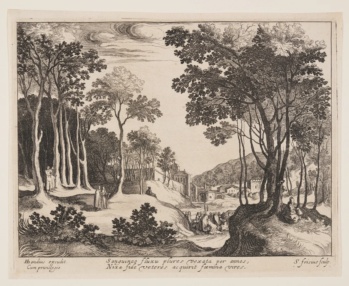 Christ Healing the Bloody Woman, from Landscapes with Scenes from the Life of Christ by Simon Frisius, print, 1600-1620