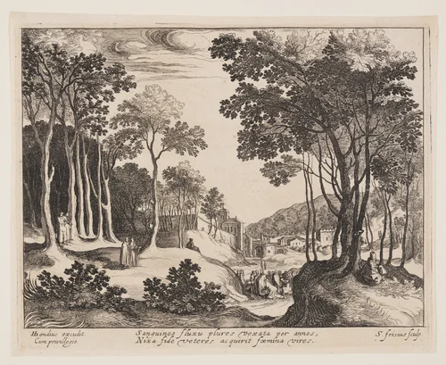 Christ Healing the Bloody Woman, from Landscapes with Scenes from the Life of Christ by Simon Frisius, print, 1600-1620