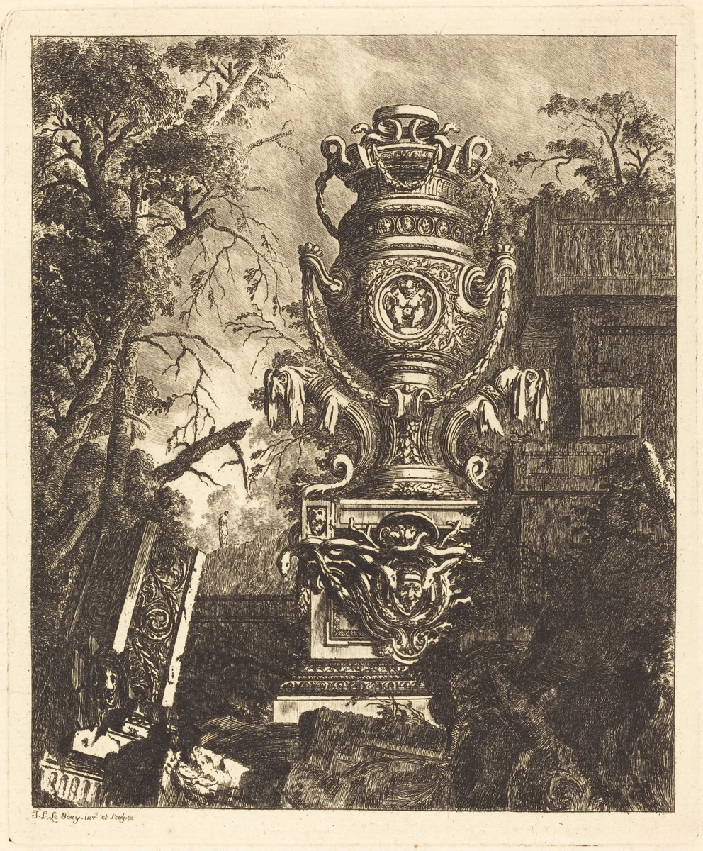Vase with Two Fantastic Heads by Jean Laurent Legeay, print, 1768