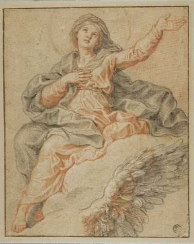 Madonna Seated on Clouds and Sketch of Angel's Wing by Charles de Lafosse, drawing, 1645-1713