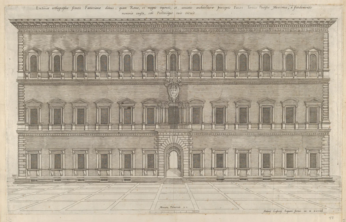 Exterior of the Farnese Palace, from "Speculum Romanae Magnificentiae" by Nicolas Beatrizet, print, 1549