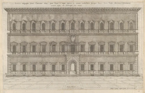 Exterior of the Farnese Palace, from "Speculum Romanae Magnificentiae" by Nicolas Beatrizet, print, 1549