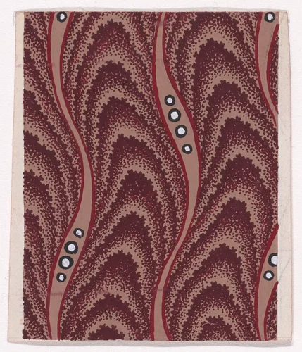 Textile Design with Undulating Vertical Strips of Overlapping Scales Separated by Undulating Ribbons and Pearls by anonymous, drawing, 1840