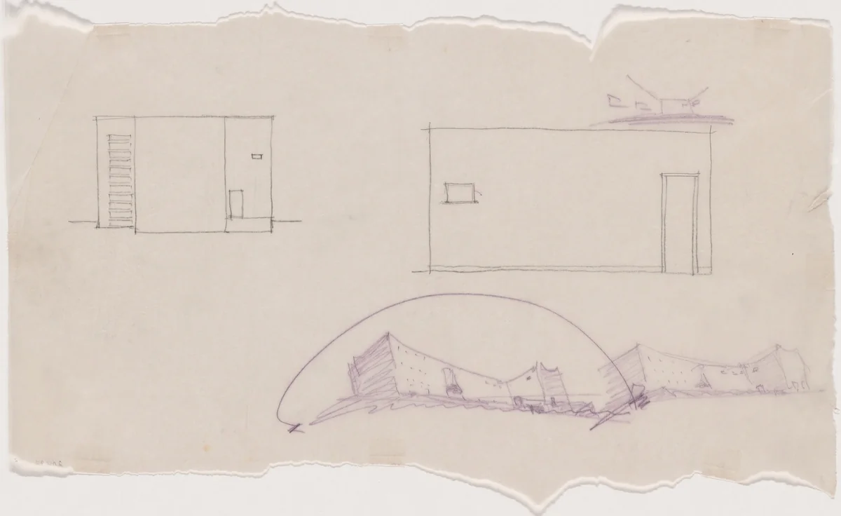 Library and Office Building of Salman Schocken, Jerusalem, Israel, Perspective and plan by Erich Mendelsohn, architecture