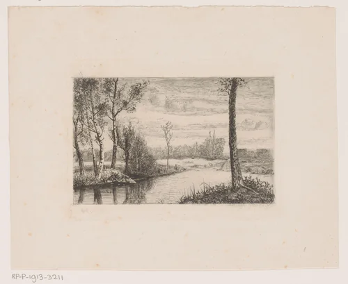 Landschap met bomen langs een rivier by Jerôme Tuyttens, print, 1850-1883