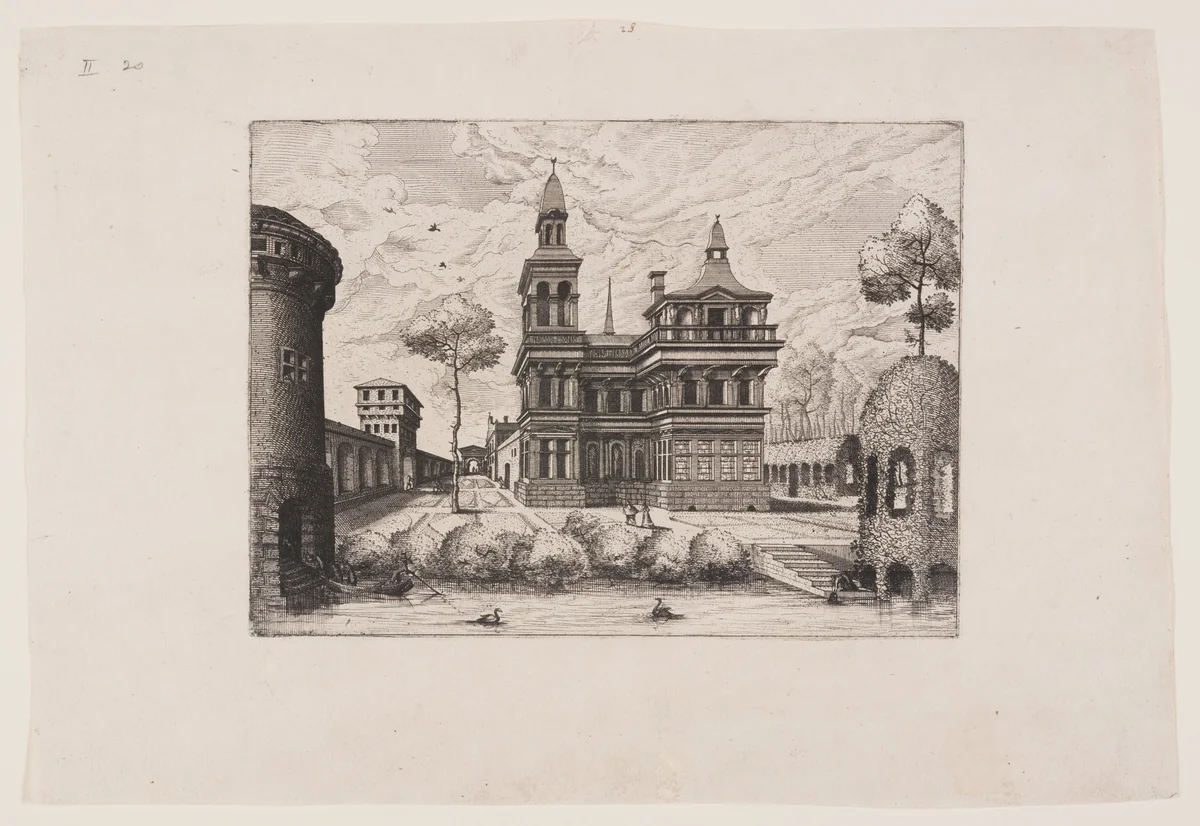 View of a castle, on the left a fortified wall, on the right a trellis-work gangway and pavilion by Johannes van Doetecum
Lucas van Doetecum
Hans Vredeman de Vries, print, 1562