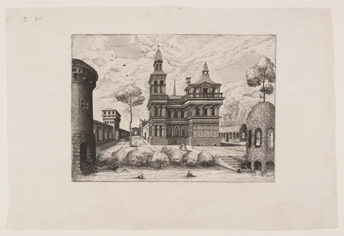 View of a castle, on the left a fortified wall, on the right a trellis-work gangway and pavilion by Johannes van Doetecum
Lucas van Doetecum
Hans Vredeman de Vries, print, 1562