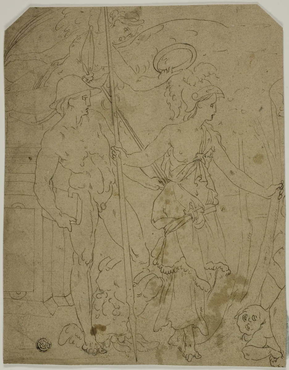 Scene with Mercury and Minerva by School of Fontainebleau, drawing, 1500-1599