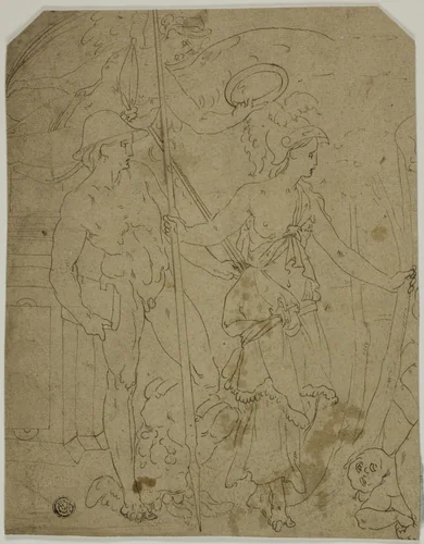 Scene with Mercury and Minerva by School of Fontainebleau, drawing, 1500-1599