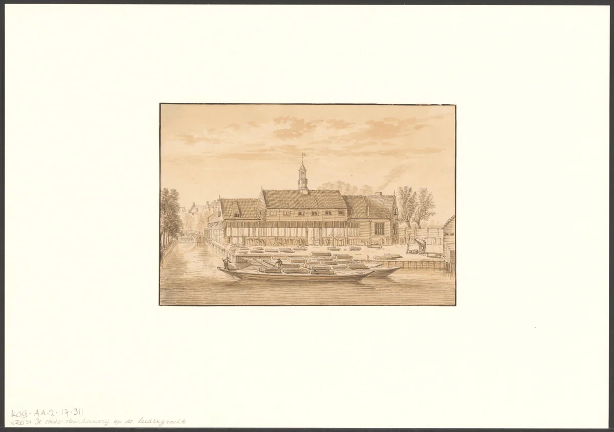 Gezicht op de stadssteenhouwerij op de Leidsegracht by Abraham Rademaker, drawing, 1686-1735