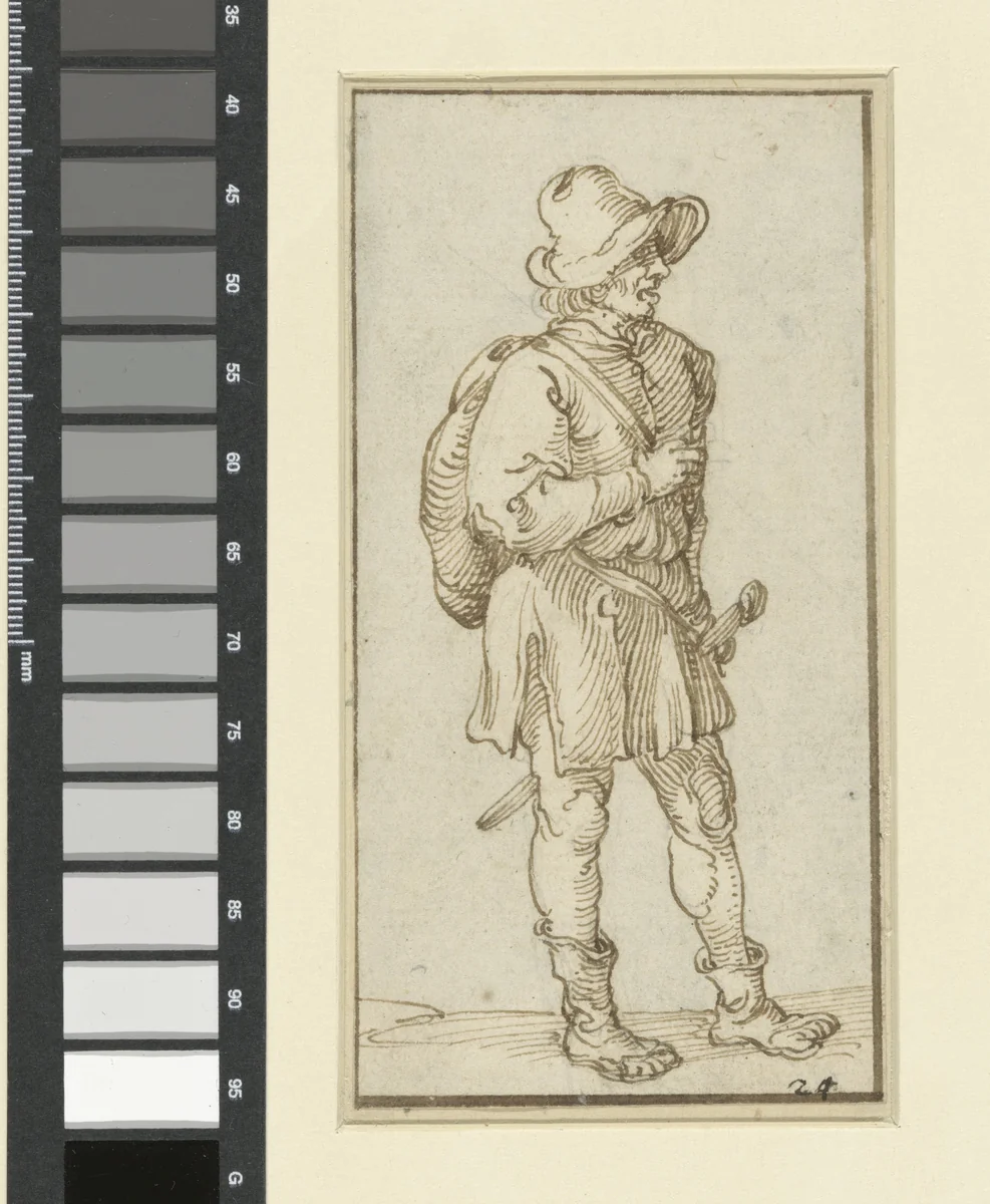 Staande man met rugzak en een zwaard by Unknown, drawing, 1510-1550