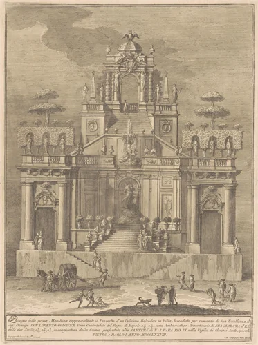 The Prima Macchina for the Chinea of 1778: A Countryside Belevedere with Hercules and Antaeus by Giuseppe Vasi, print, 1778