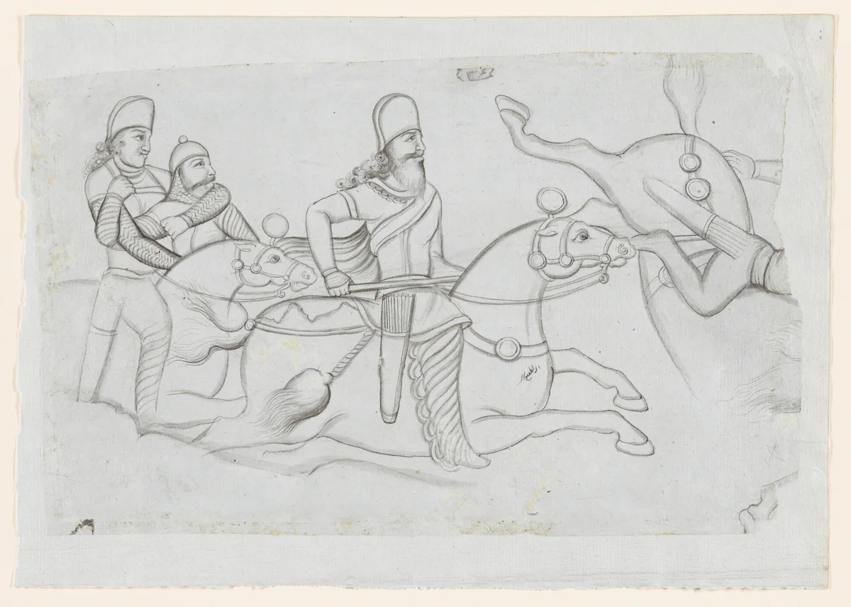 Drawing of Sasanian rock relief: battle of Ardashir I (r. A.D. 224-241) at Firuzabad, southern Iran by Lutf-'Ali Shirazi, artwork, 1800-1850