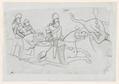 Drawing of Sasanian rock relief: battle of Ardashir I (r. A.D. 224-241) at Firuzabad, southern Iran by Lutf-'Ali Shirazi, artwork, 1800-1850