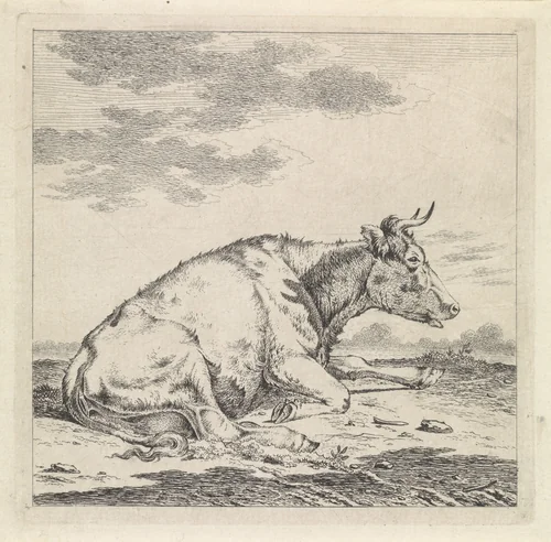 Liggende koe, naar rechts by Pieter Janson, print, 1780-1851