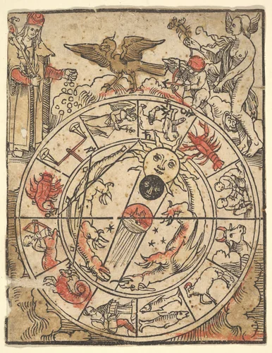 Chart of the Signs of the Zodiac with Venus, Cupid, and a Bishop Saint by Hans Baldung, print, 1500-1550