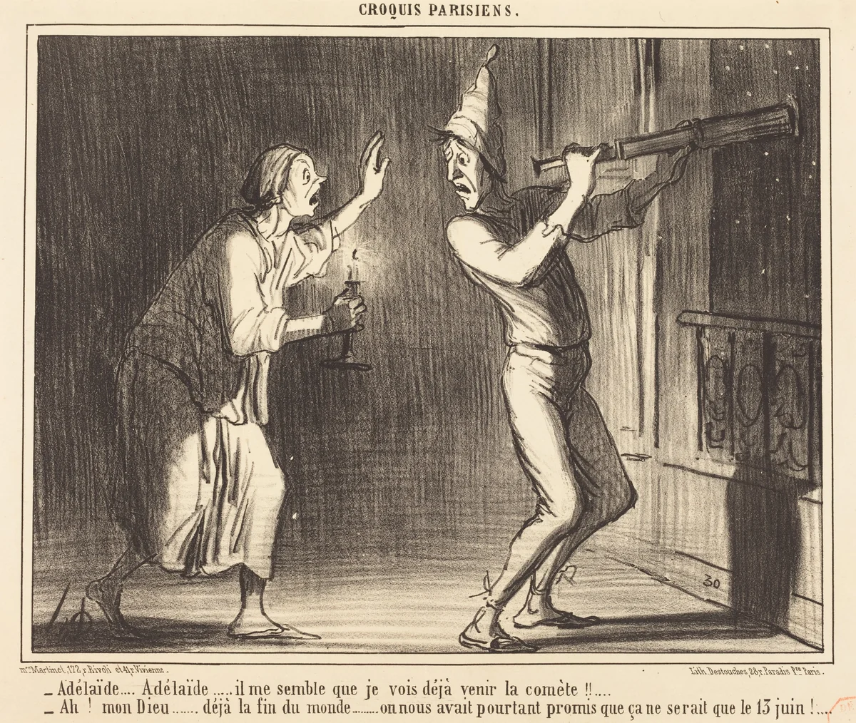 Adélaide...Adélaide...il me semble que je vois deja venir la comète !!... by Honoré Daumier, print, 1857