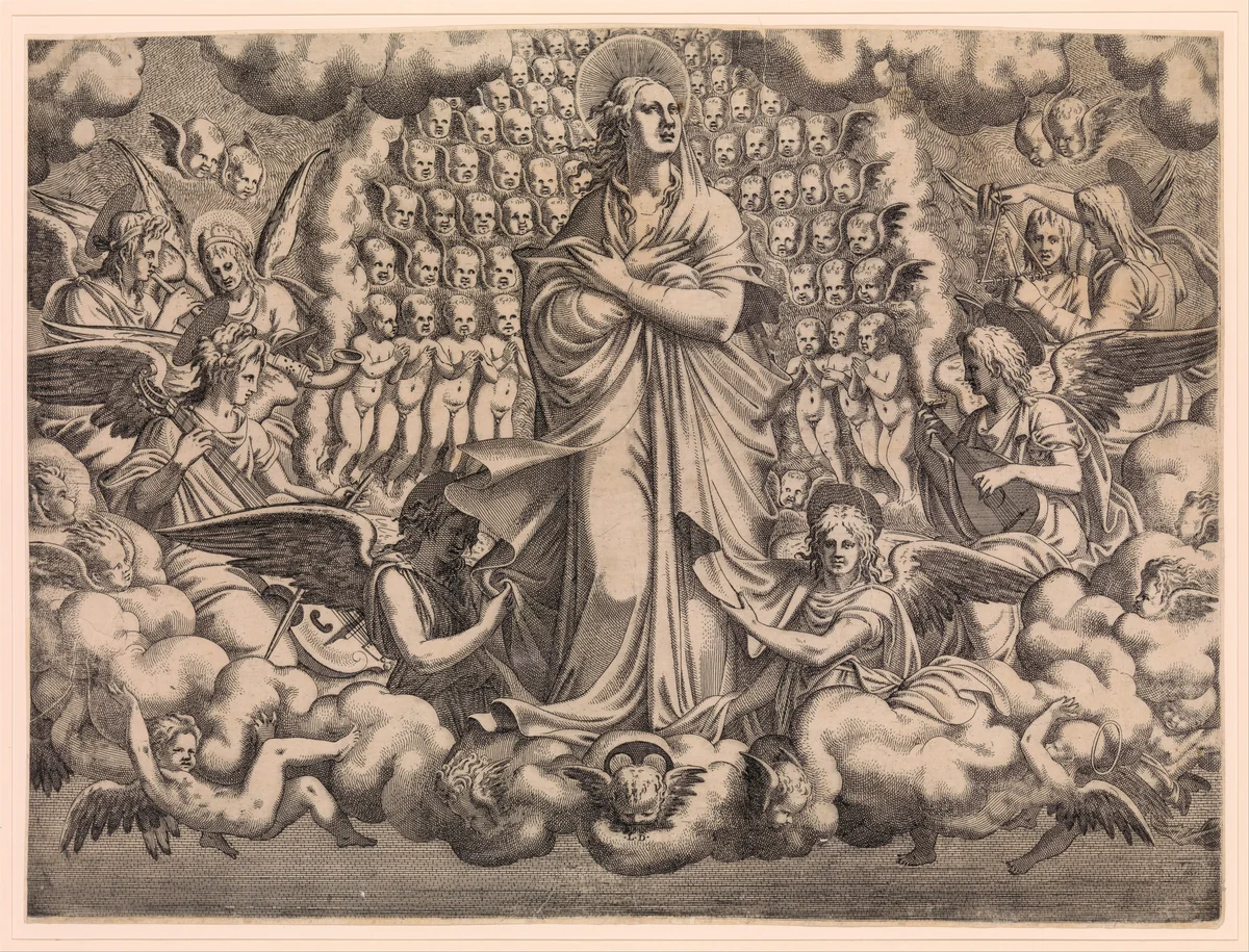 The Apostles looking at Christ and the Virgin in a Glory of Angels (top left plate) by Léon Davent, print, 1546