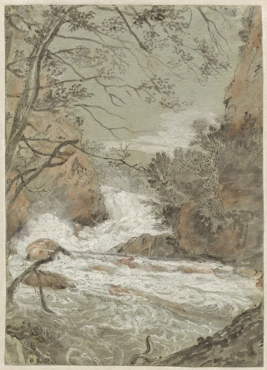 River Landscape with a Waterfall (recto) by Joachim Franz Beich, drawing, 1704-1714