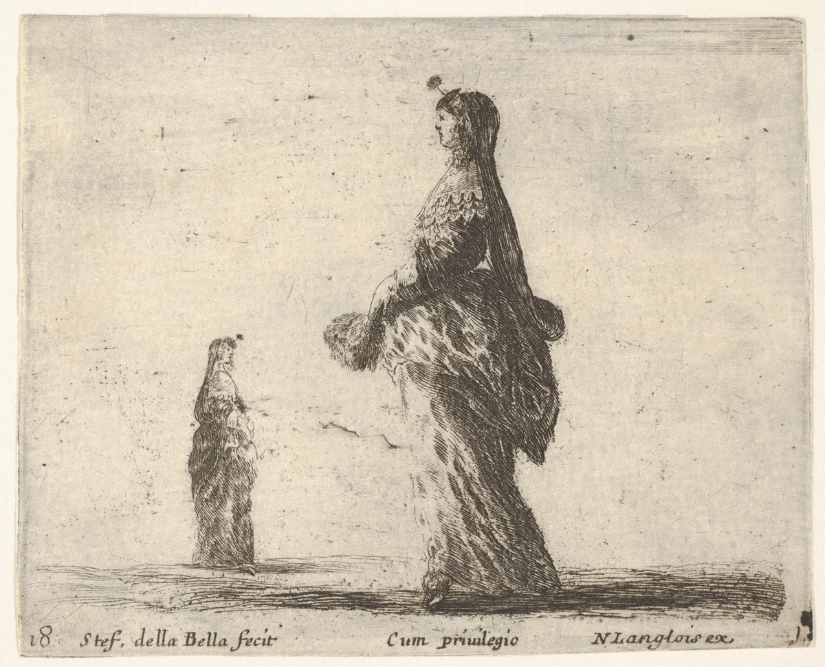 Plate 18: a noblewoman walking towards the left with a feathered fan, another woman in background to left, from "Diversi Capricci" by Stefano della Bella, print, 1644-1647