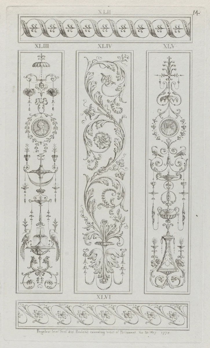 Panels of Ornament, nos. XLII-XLVI, plate 14 from "Designs for Various Ornaments" by Michelangelo Pergolesi, print, 1778