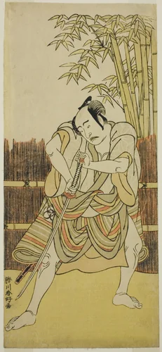 The Actor Bando Mitsugoro I as Ogata no Saburo Disguised as Yoroya Takiemon in the Play Mure Takamatsu Yuki no Shirahata, Performed at the Ichimura Theater in the Eleventh Month, 1780 by Katsukawa Shunko, print, 1775-1785