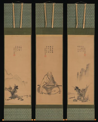 Zen Master with Meditation Staff, and Chinese-Style Landscapes by Unkoku Tōeki, painting, 1626-1644