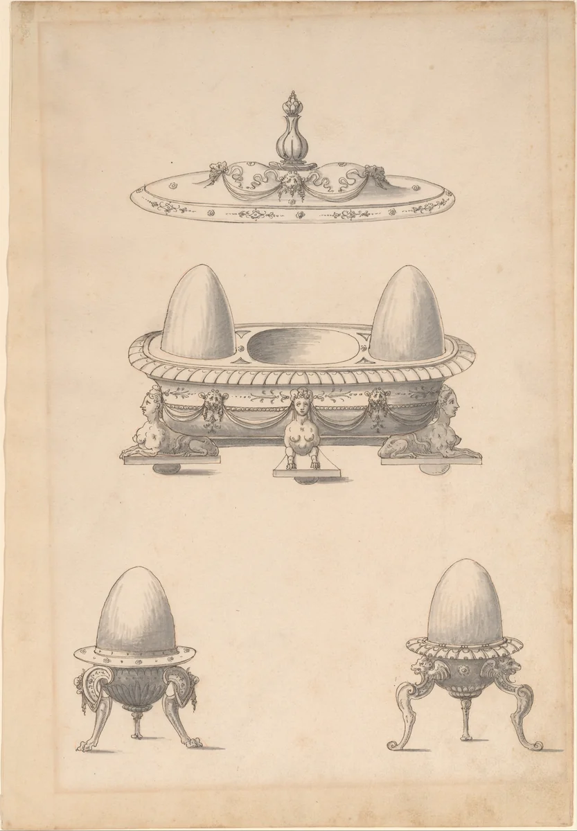 Design for Parade Egg Cups and Combined Egg Cup/Salt Cellar with Lid by Erasmus Hornick, drawing, 1496-1583