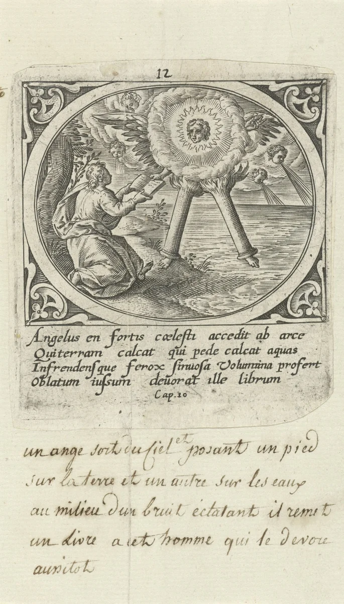 Engel met gezicht als de zon en benen als zuilen van vuur by Unknown, print, 1585