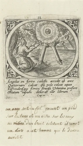 Engel met gezicht als de zon en benen als zuilen van vuur by Unknown, print, 1585