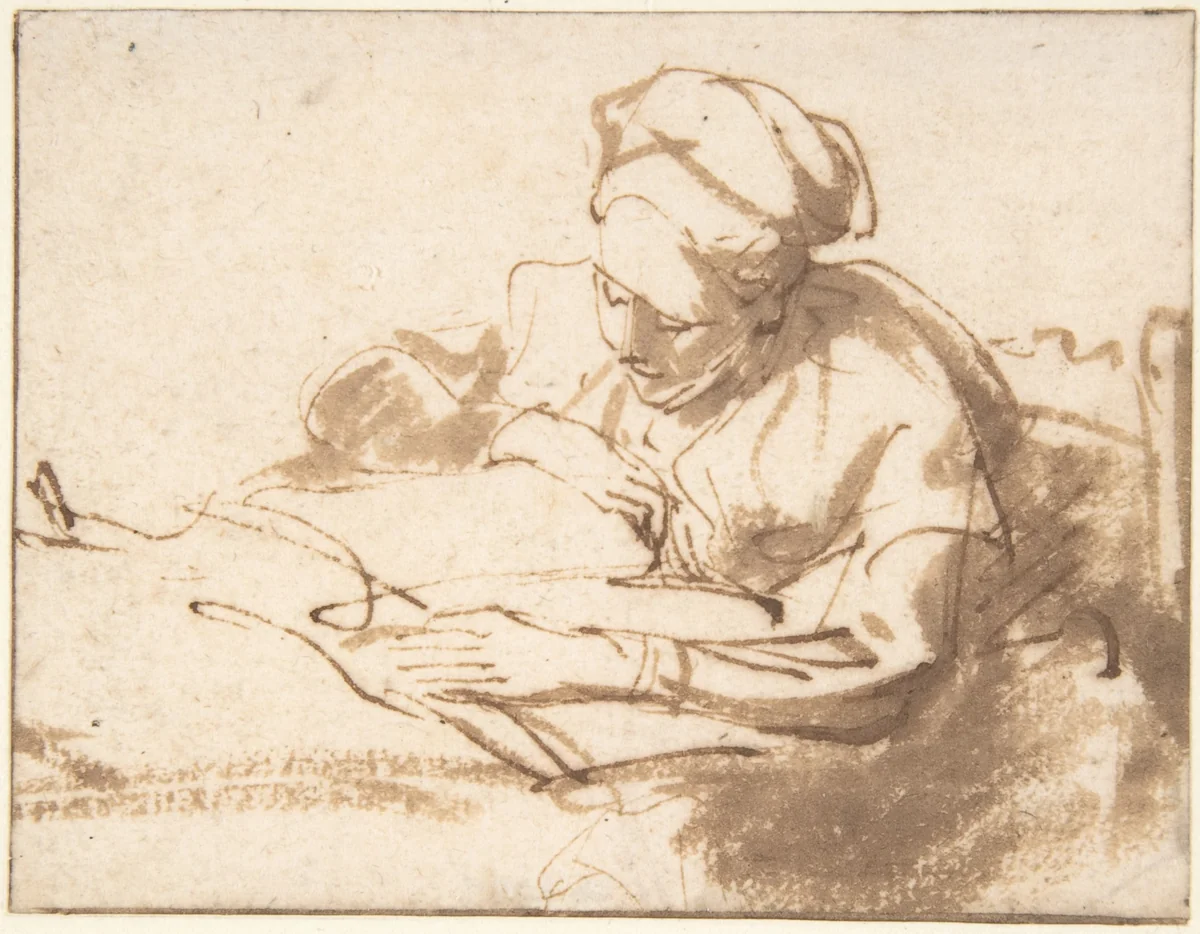 Woman Reading by Rembrandt van Rijn, drawing, 1606-1669