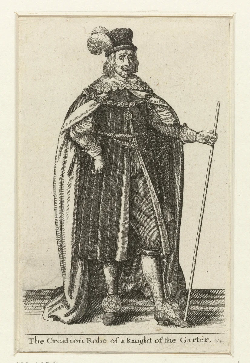Ceremoniële kledij van een ridder van de Orde van de Kousenband by Wenceslaus Hollar, print, 1617-1677